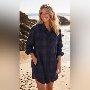 🌊 OUTERKNOWN Blanket Shirt Dress Navy Plaid – XS – Organic Cotton